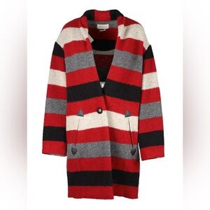 ISABEL MARANT ÉTOILE GABRIE Striped Blanket Wool Coat Red Black Grey Crm 42 L